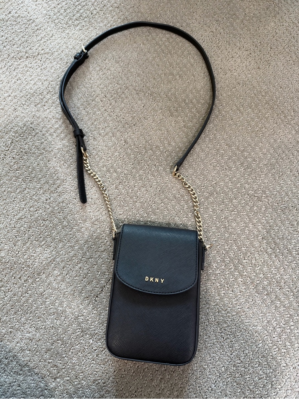 DKNY Black Crossbody Phone Pouch with Gold Chain Strap